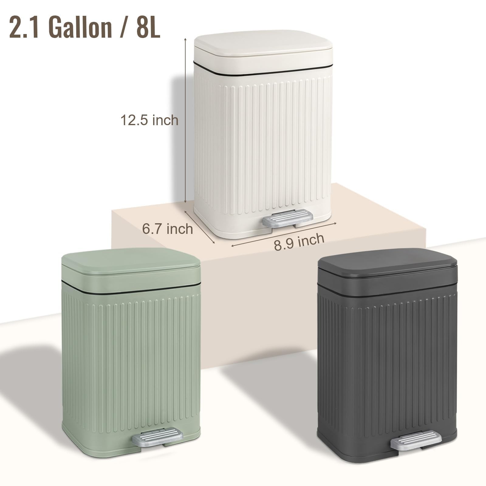 Kitchen Trash Can 2.1 Gallon, Soft Close Step Lid, Slim Bin, Cream