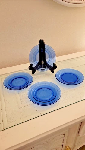 4 Vintage Hazel-Atlas  6" Glass Moderntone Cobalt Blue Bread & Butter  Plates