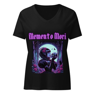 Memento Mori | Goth Girl Kissing A Skull Women s relaxed v-neck t-shirt