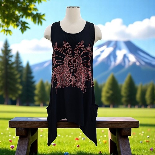 Hibis Lace Works Black Handkerchief Hem Top M Boho Festival Embroidered Rayon