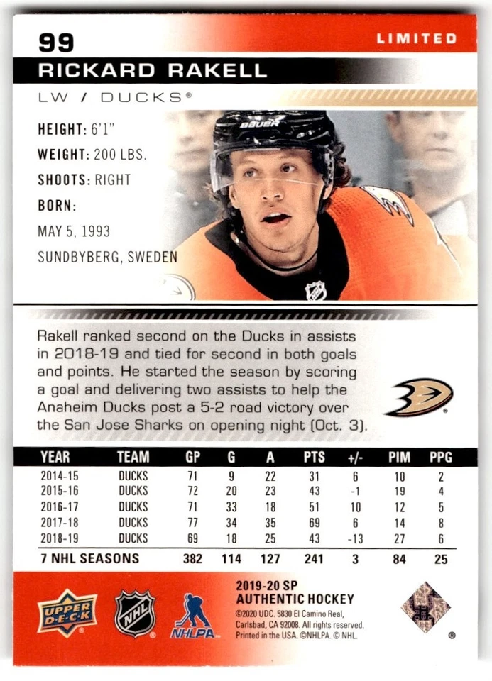 2019-20 SP Authentic Limited Red Rickard Rakell #99 Anaheim Ducks - Image 2 of 2