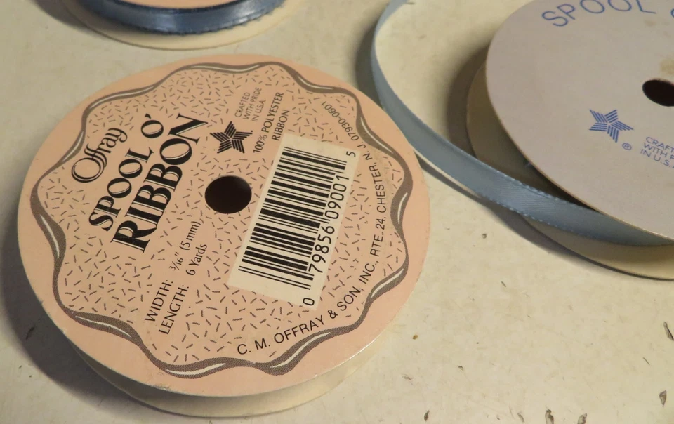 Vintage Baby Blue Set Of 4 Offray Spool O' Ribbon 2-Picot Edge 2-Reg Used & New - Image 3 of 4