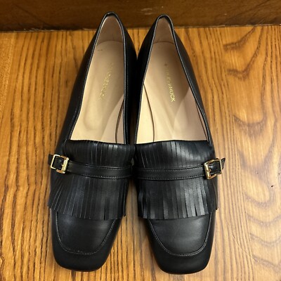 Tuckernuck Ladies Size 8 Black Leather Fringe Gold Buckle Loafer | eBay