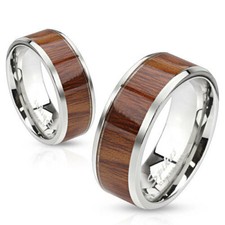 8mm Wood Pattern Light Color Center Stainless Steel Men's Band Ring