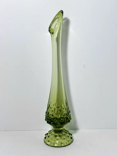 Vintage Fenton Avocado Green Hobnail Swung Glass Bud Vase 10 1/2”