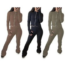 Womens Long Sleeve Plain Lounge Wear Comfy Casual Two Piece Ladies Tracksuit Set