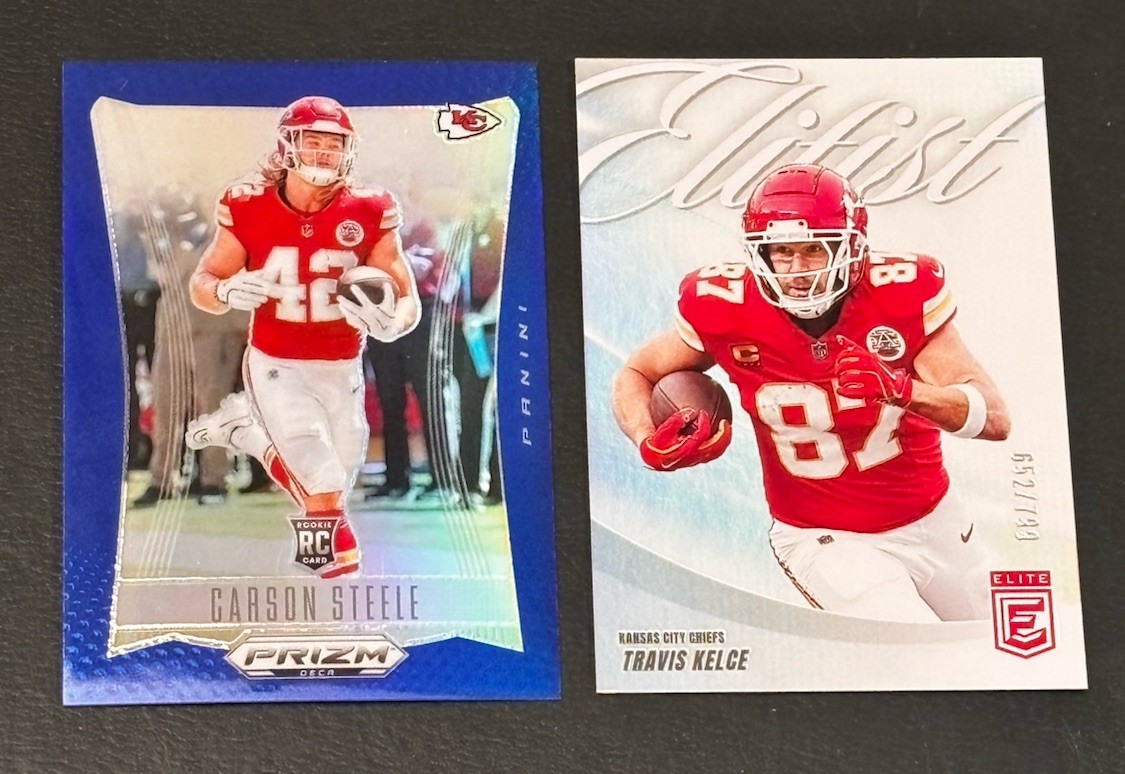 2025 Elitist Travis Kelce 652/799 + 2024 Prizm Deca Carson Steele Blue 111/149