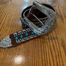 Women s cowboy belt, dark brown hair on hide with turquois embellishments