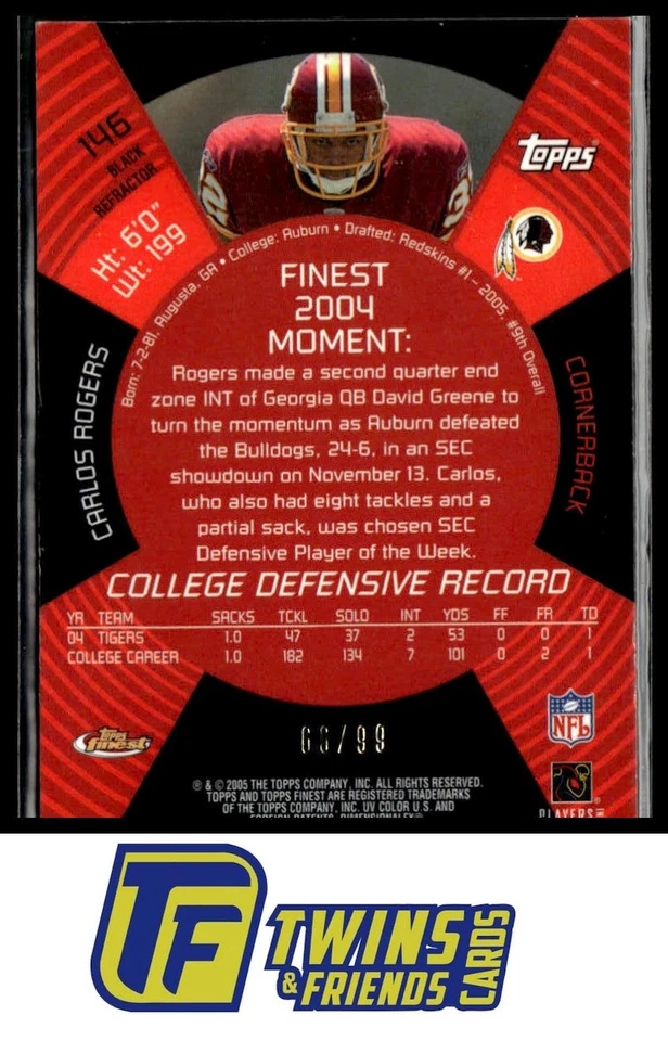 2005 Finest #146 Carlos Rogers Black Refractors #/99 - Image 2 of 2
