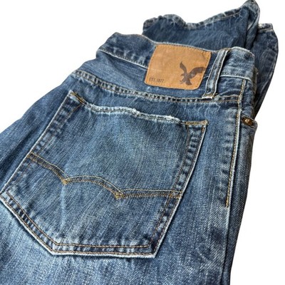 American Eagle Jeans Mens 36 x 32 Blue Distressed Relaxed Straight Denim Skater