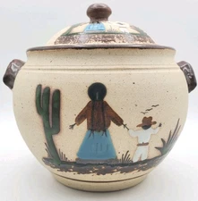 Tonala Mexican Pottery Clay Pot Mother & Child Hand Painted Soup Terrine Handles