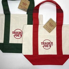 LOT Set of 2   Trader Joe  s Grocery Canvas MINI Tote Bag   Green  Red NWT NEW 