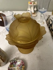 Vintage  Satin Amber Glass Cabbage Leaf Covered Candy Dish With Lid