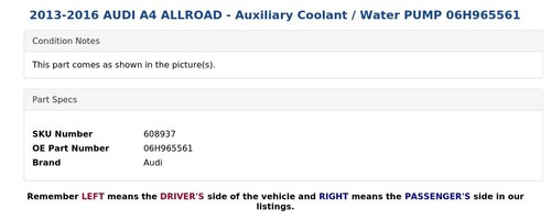2013-2016 AUDI A4 ALLROAD - Auxiliary Coolant / Water PUMP 06H965561 - Picture 5 of 6