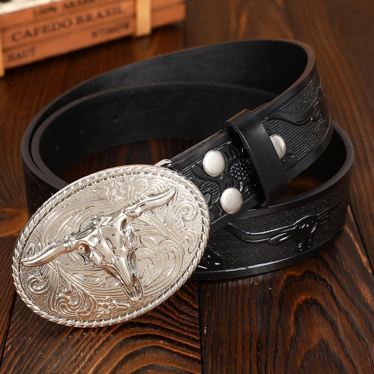 Vintage Chambers Hand Tooled Leather Western Belt 36 Nickel Silver Longhorn TEXAS - Lejon Belts main image 2