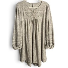 Monoreno Gray Embroidered Long Sleeve Swing Dress Knit Boho Western Medium