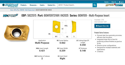 Ingersoll BOMT 09T316R IN2035 milling inserts Hi POS .062 radius NEW 10 pcs