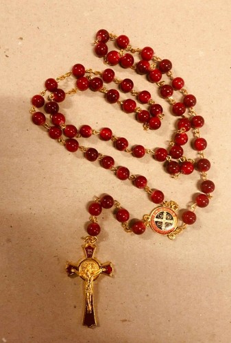 *NEW* Red Glass ROSARY Beads Necklace 