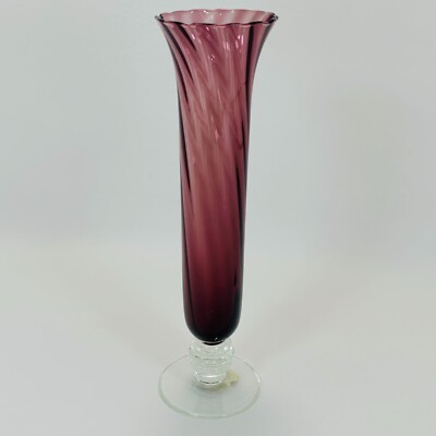 Vintage Relpo Amethyst Purple Hand Blown Glass Bud Vase Flute 8  Ruffled Top