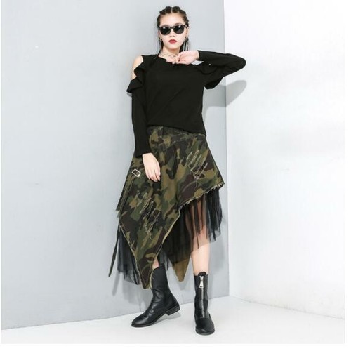 Camo Women's Mesh Midi Skirt Stitching Dress Irregular High Waist Fashion Retro - Picture 6 of 13