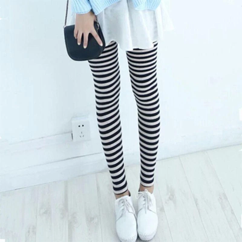 Women Ankle Length Skinny Leggings Black White Horizontal Striped Pants Tights - Image 3 of 4