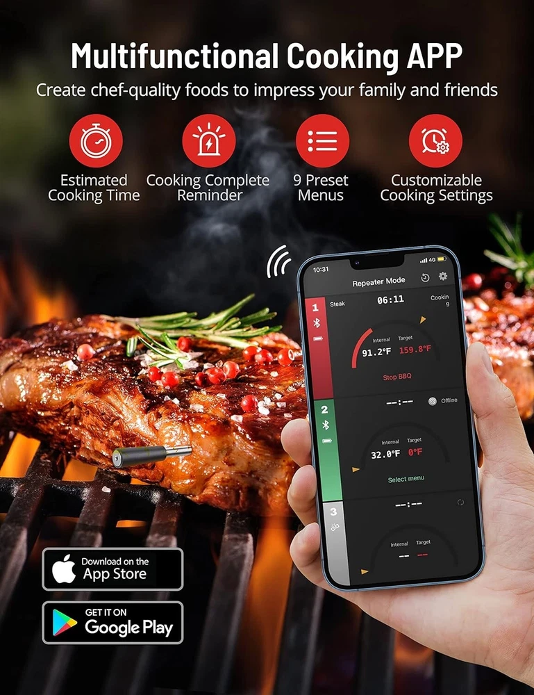 Meat Thermometer - Wireless, Smart Alert, IP67 Waterproof, Dishwasher Safe Meat Thermometer - Wireless, Smart Alert, IP67 Waterproof, Dishwasher Safe