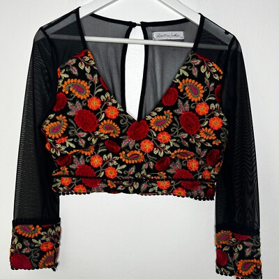 Diao Mei Jia Ren Women Top L Crop Long Slv Mesh Floral Embroidered Party Club