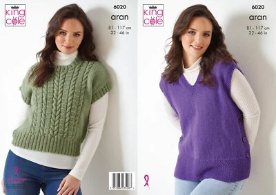 King Cole Aran Knitting Pattern - 6020 Ladies Sleeveless Vest Tops