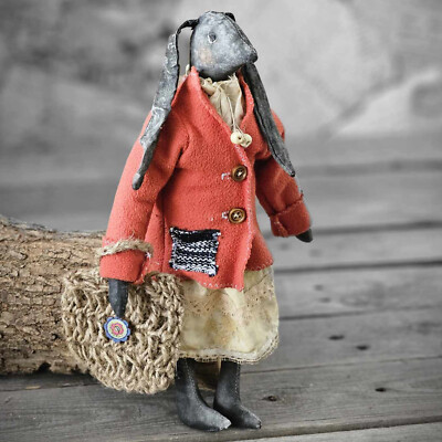 Vintage Primitive Künstlerhase 31 cm m. Tasche Jacke Kleid Tasche Handarbeit