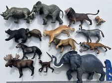 Lot of 14 Plastic/Rubber Animals Elephant, Lions, Rhino, Monkey, Moose, etc