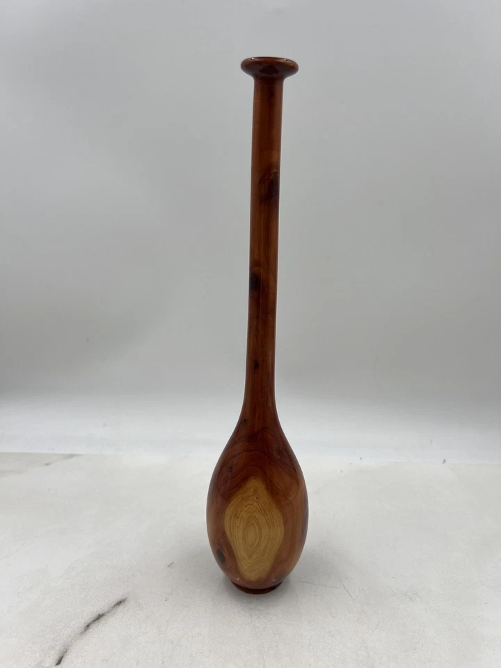 Vintage Hand Turned Wooden Bud Vase 12 Inch Tall Slim Neck Rustic Home Decor Gif - Image 2 of 4