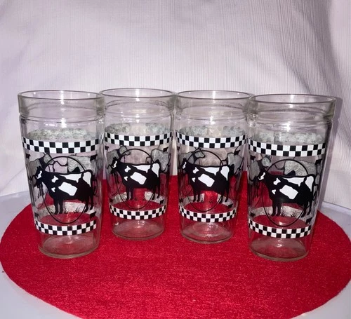 Set of 4 Anchor Hocking COW Black &White Tumblers Glasses 16oz VTG EXCELLENT USA