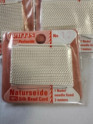 THREE Cards Griffin 100% Silk Thread Cords W/Needle Size 12 White G105 DNG