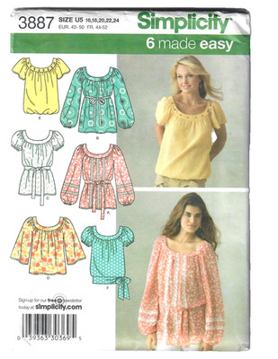 Simplicity 3887 Sewing Pattern Misses Pullover Top in 2 Lengths, Belt 16-24 Plus