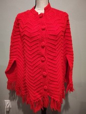Vntg Granny Handmade Cape Shawl Poncho Knit Crochet Fringe Red Button Front S/M