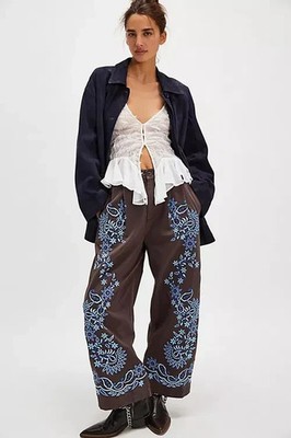 Free People Hose weites Bein Damen UK6 braun blau bestickt Marrakesch