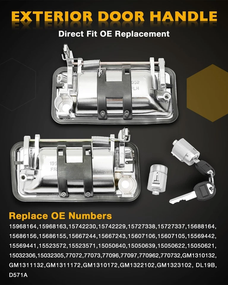 Exterior Door Handle Front w/ Lock Cylinders Chrome for 88-01 GMC Chevy C/K 1500 - Image 3 of 4