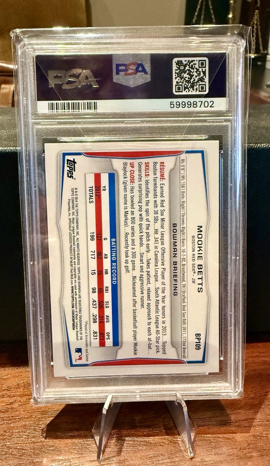 Bowman 2014 Prospects Mookie Betts #BP109 Boston Red Sox Rookie PSA 9 MT view 2