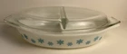 Vintage Pyrex Turquoise Snowflake Oval 1.5 Quart Casserole Dish Divided with Lid