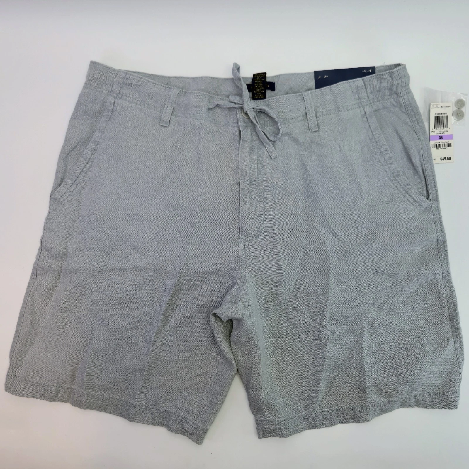 Club Room Shorts Men's 38 Grey Gray 100% Linen w/Drawstring 9.5 Inseam Casual