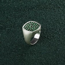 Mens Emerald Cluster Signet Ring 925 Sterling Silver Cushion Dome Statement