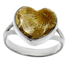 Heart Natural Flower Fossil Coral 925 Sterling Silver Ring s.9 Jewelry R-1073