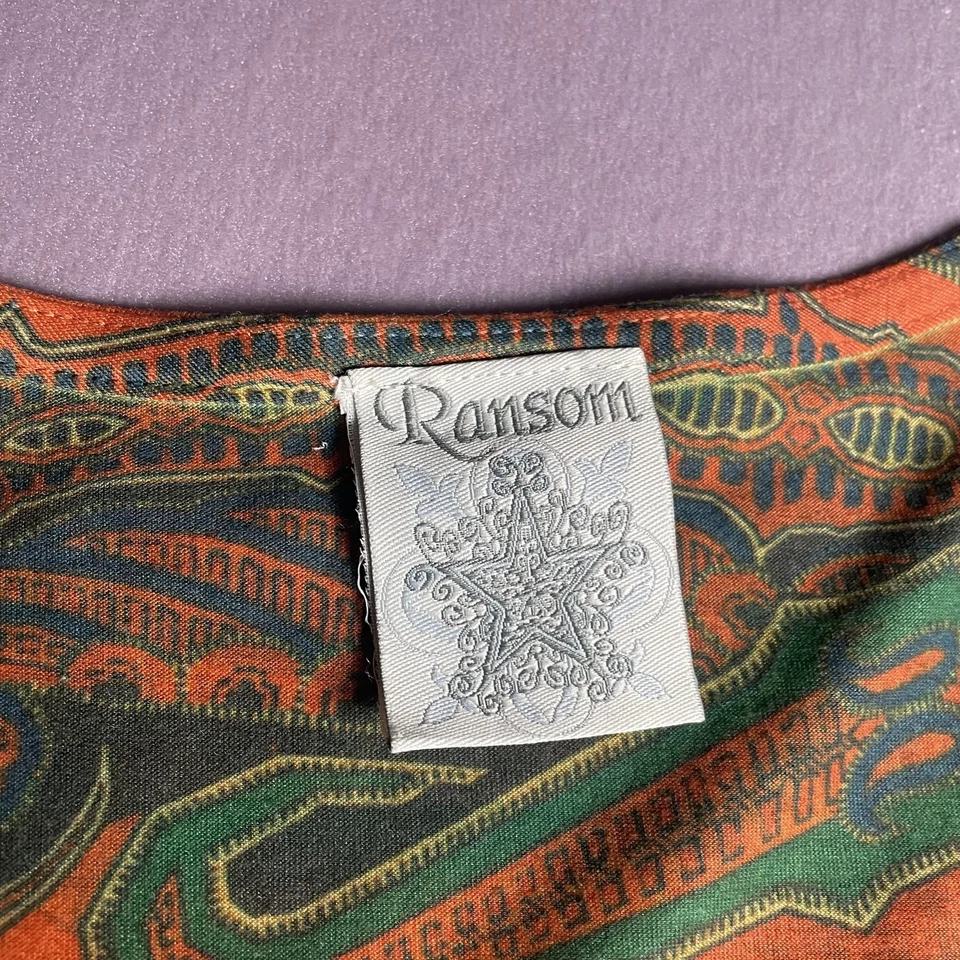 Ransom Tank Top Womens Medium Orange Green Paisley Ruffle Neck Sleeveless Boho - Image 2 of 4