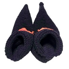 Hand Knit Teen Adult Black Footie Slippers Booties House Shoes 1980s Vintage
