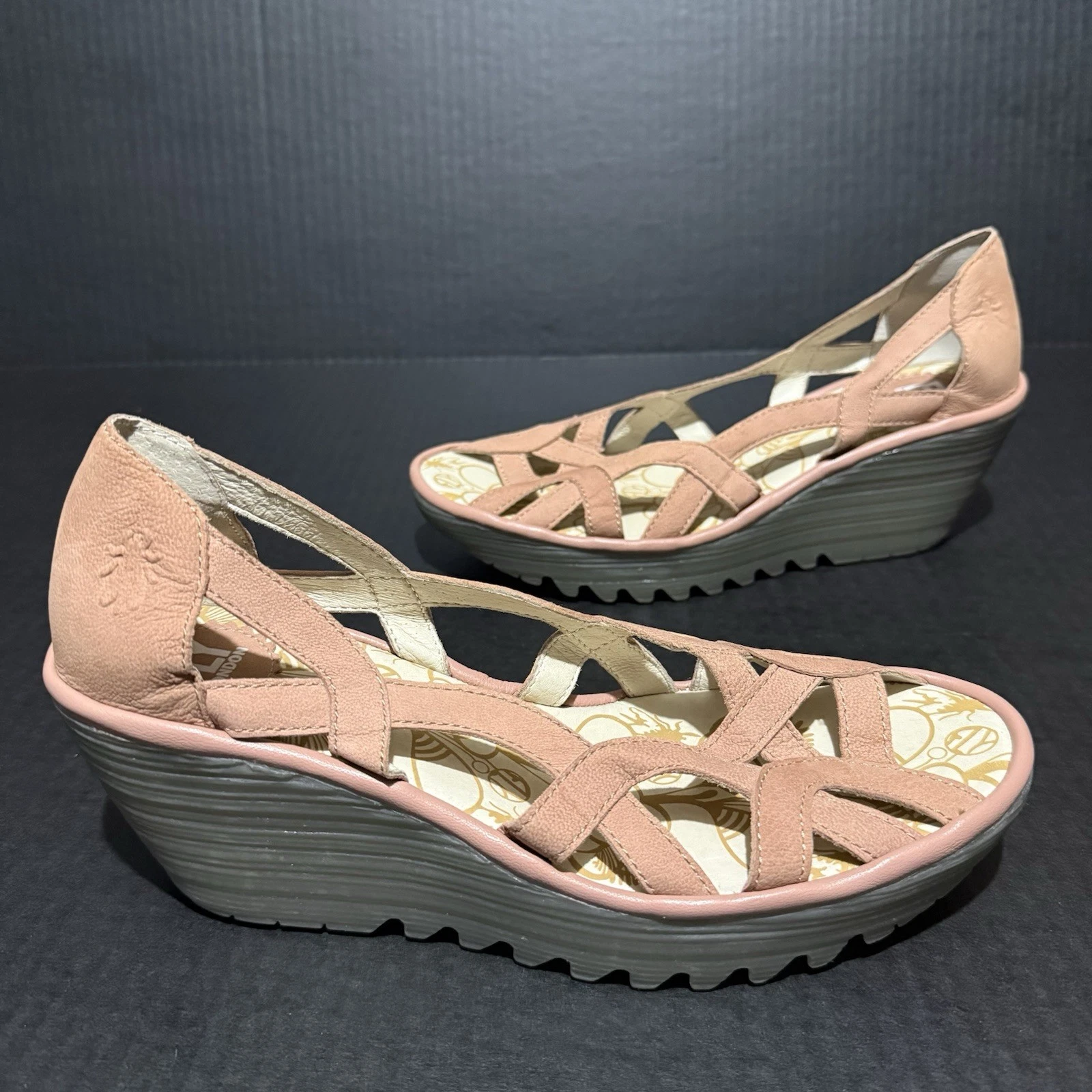 FLY LONDON Size 10 Pink Suede Leather Cut Out Peep Toe Woven Grey Wedge Sandals