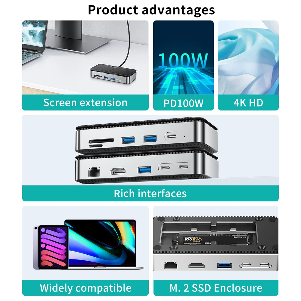 10 in 1 USB HUB with M.2 NVMe SATA SSD Enclosure Docking Station USB 3.0 Adapter 10 in 1 USB HUB with M.2 NVMe SATA SSD Enclosure Docking Station USB 3.0 Adapter