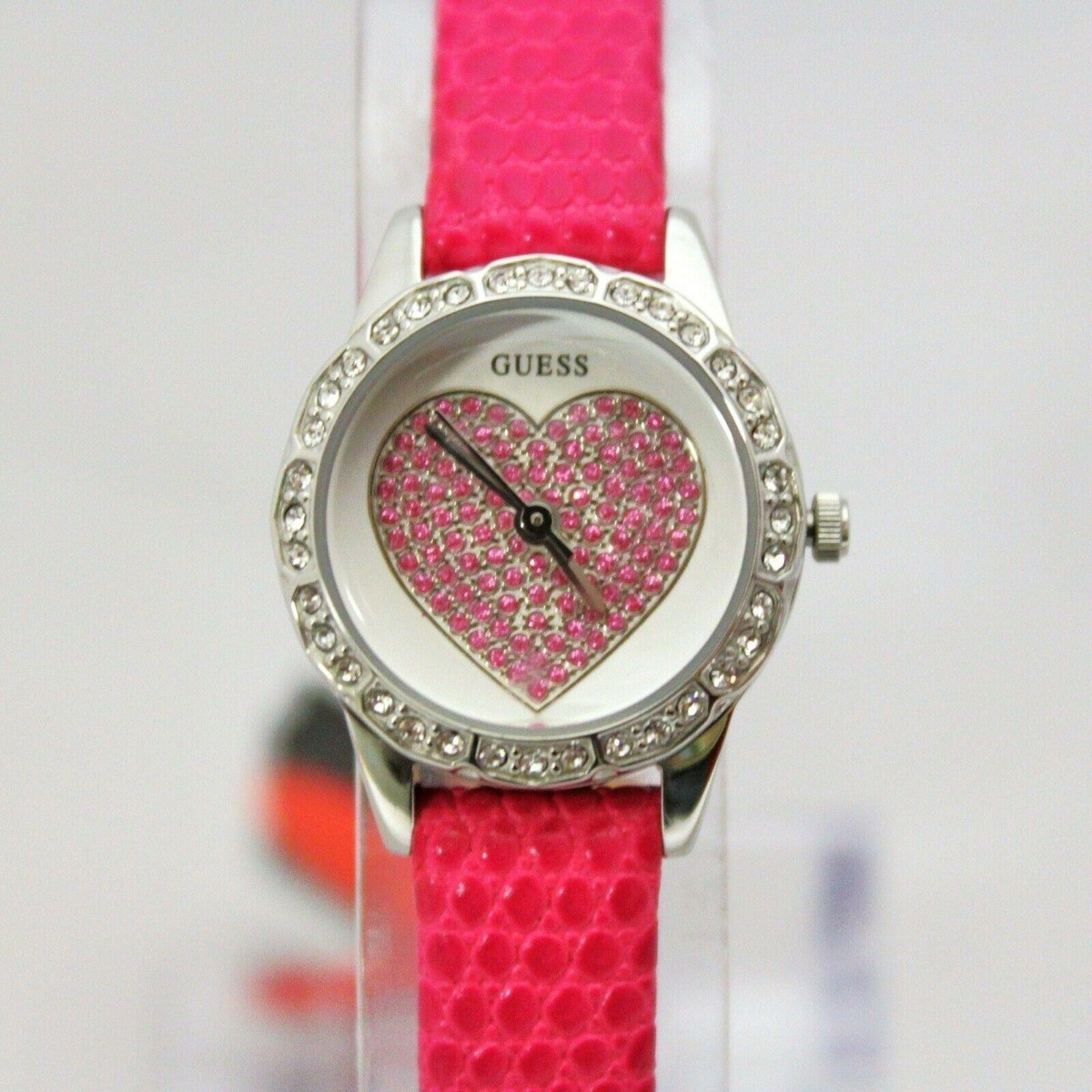 GUESS W0731L3 MINI HOT PINK RHINESTONES HEART DIAL LEATHER 