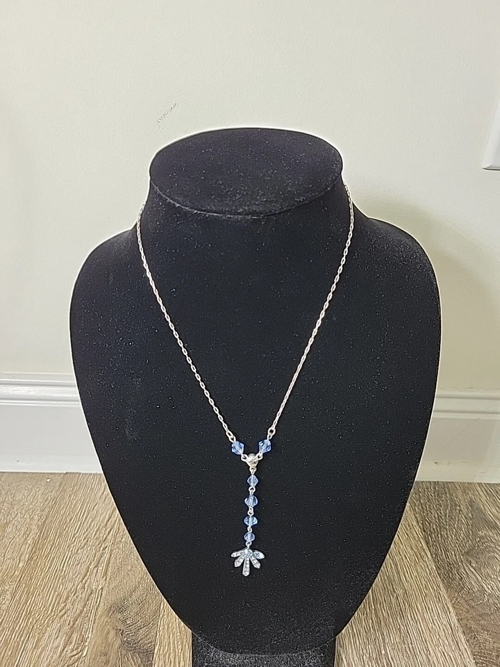 Givenchy Silver-Tone Chain Link Blue Crystal Frontal Pendant Stone Necklace - Image 3 of 4