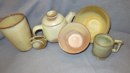 Vintage Frankoma Pottery 7 Piece Plainsman Mayan Lazy Bones Westwind Desert Gold
