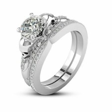 Skull Engagement Ring Set 2.30Ct Round White Moissanite 14K White Gold in Size 8